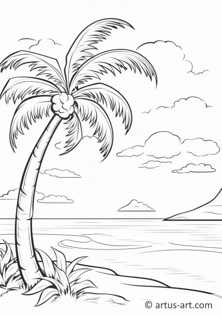 Página para colorir de uma Árvore de Coco em uma Praia Tropical